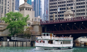 A tour boat named 'Chicago's Little Lady' travels along a river, surrounded by the architectural features of a cityscape. There is a large bridge overhead with people observing the scene, and a lush green tree on the riverbank next to historic architectural structures.