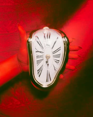 Realistic tattoo of a clock melting over a hand, symbolizing time's passage.