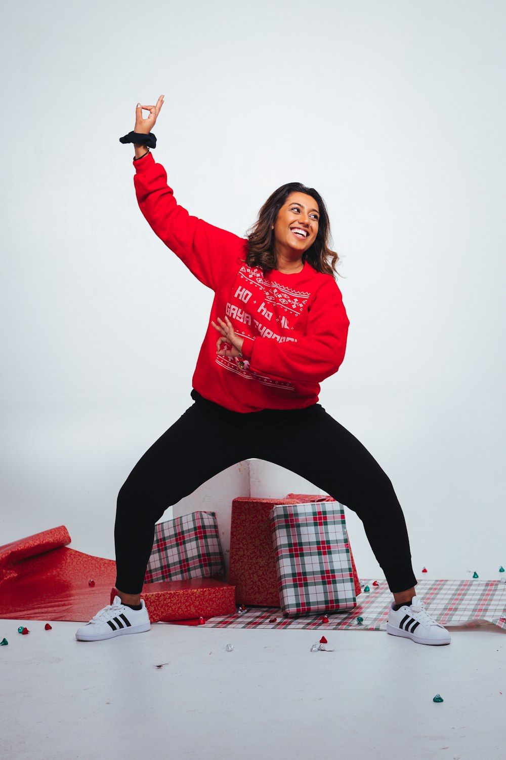 woman in red crew-neck long-sleeved shirt