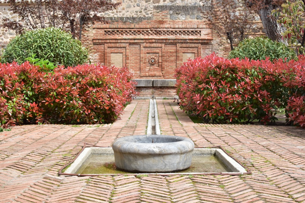 gray concrete fountain near flowers