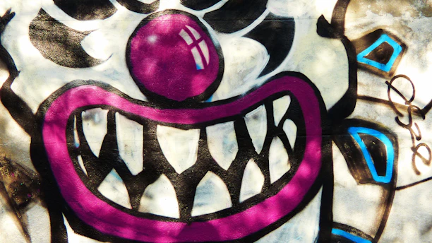 A vibrant graffiti depicting a stylized clown face with a prominent magenta nose and matching smile. The teeth are exaggerated in a jagged, menacing style, and there are contrasting black outlines and highlights. Blue accents are incorporated in the design, adding depth to the artwork.