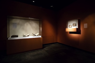 Close-up of historical Hawaiian manuscripts and artifacts displayed in a softly lit room.