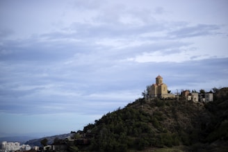 A church is situated on a small hill covered with dense greenery. Surrounding the church, there are a few buildings and trees, with a sprawling cityscape visible in the distance under a wide, cloudy sky.