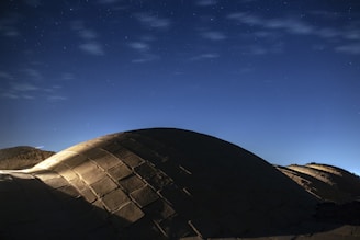 A panoramic view of the Mekao village with multiple illuminated domes under a starry sky.