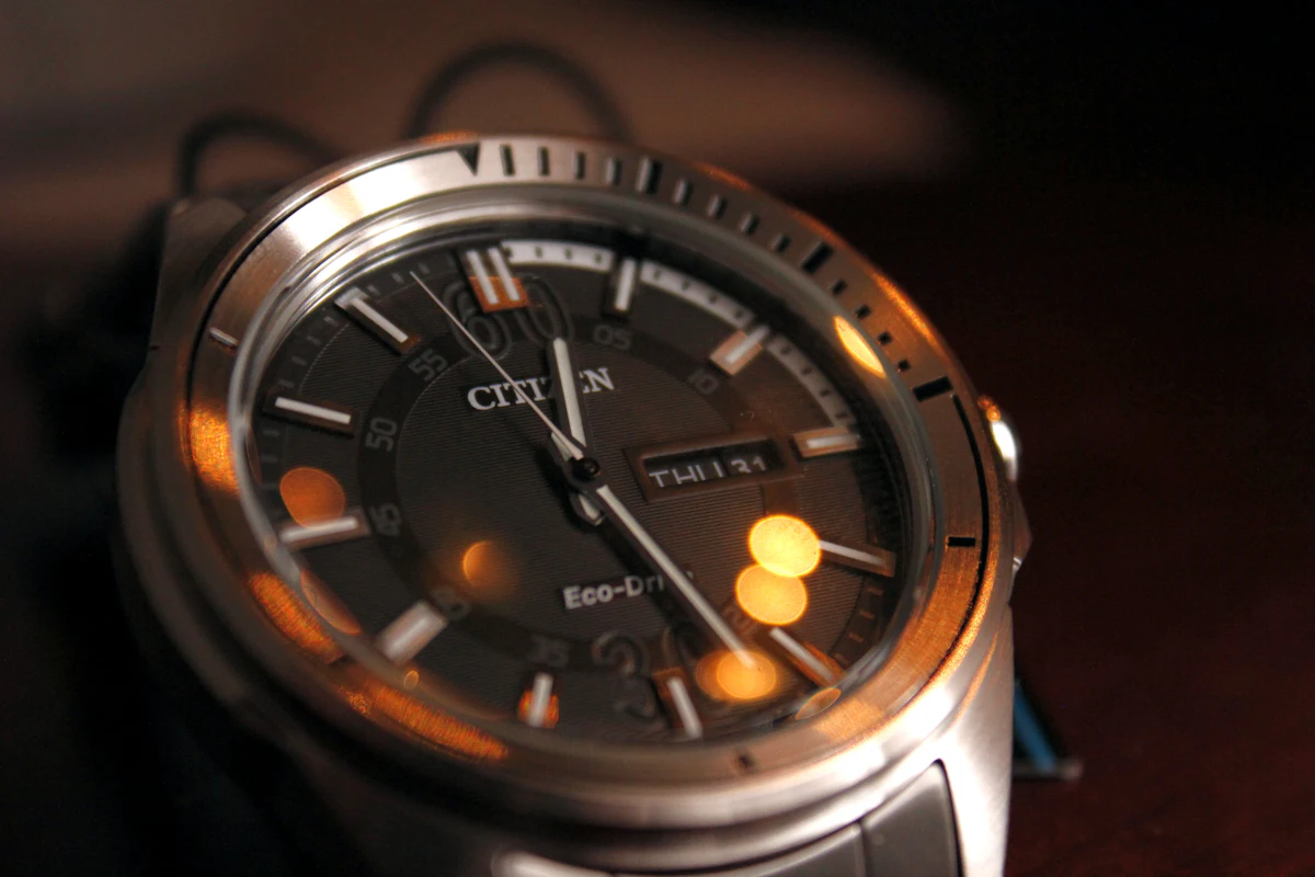 A Citizen Eco-Drive with a grey dial