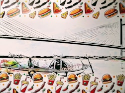 A stylized image of a boat on a body of water, with a cable-stayed bridge in the background. The boat has a covered section and appears to be a traditional wooden vessel. The image is surrounded by a playful and colorful border that features illustrations of various fast-food items, including burgers, pizza slices, french fries, and soft drinks.