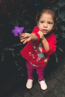 A young child with light brown curly hair is wearing a red sweatshirt with a cartoon design and pink pants. The child is holding out a purple flower toward the camera while standing on a cobblestone surface. The background has dark green foliage that contrasts with the bright colors of the child's clothing.