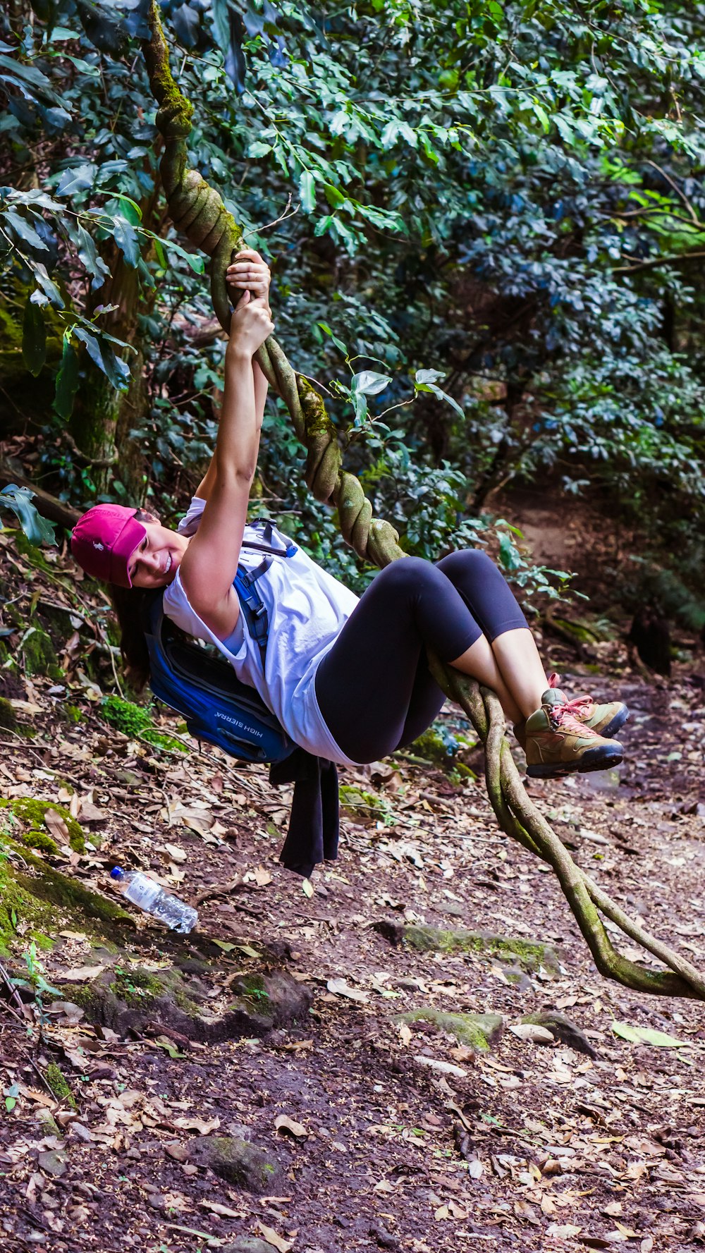 woman swinging on tree branch