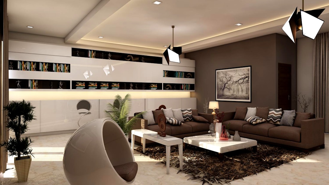 A modern living room with contemporary design elements. The space features a large brown sectional sofa with patterned cushions, a sleek white coffee table, and a plush dark brown rug. Stylish pendant lights hang from the ceiling, and a monochrome artwork adorns one of the walls. Books and decorative items are neatly arranged in a long shelf in the background. The room is accentuated by potted plants and a uniquely shaped modern chair.