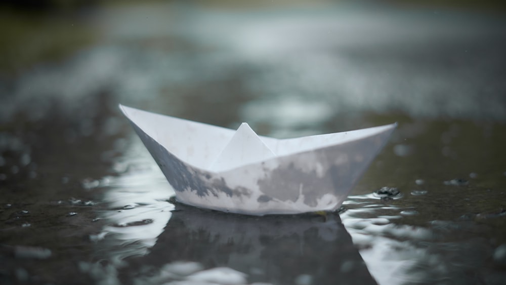 Fotografía de enfoque superficial de un barco de papel blanco en el cuerpo de agua