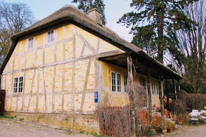 A charming, rustic cottage features a thatched roof and timber-framed walls with a yellowish hue. It is surrounded by large trees and has a front porch lined with various clay pots. There are outdoor chairs and a table nearby, giving it a cozy, pastoral feel.