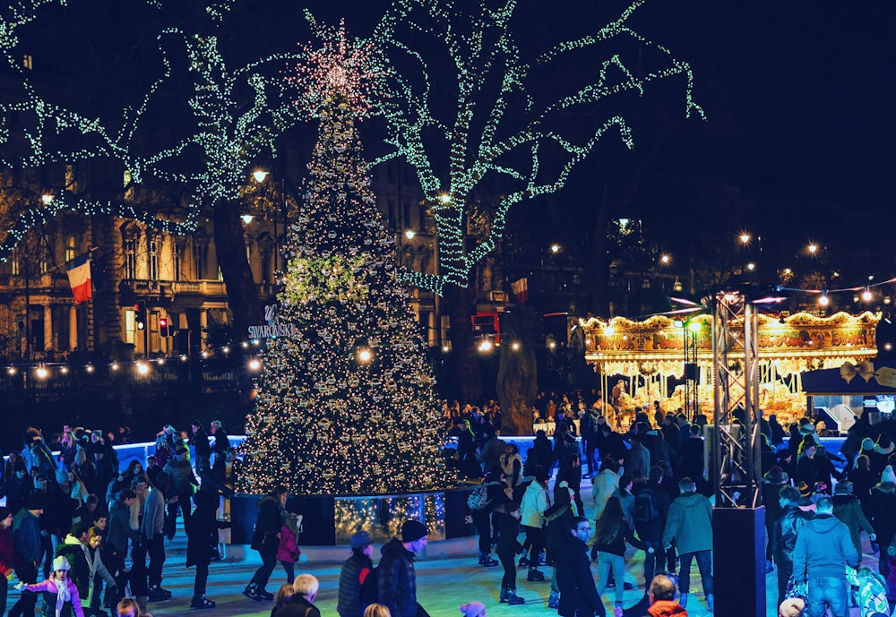 persone vicino all'albero di Natale di notte