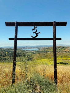 A wooden structure resembling a torii gate, with a symbol resembling 'Om' hanging in the center, stands amidst a lush field of grasses and wildflowers. The background features a scenic view of a valley with a distant body of water and hills under a clear blue sky.
