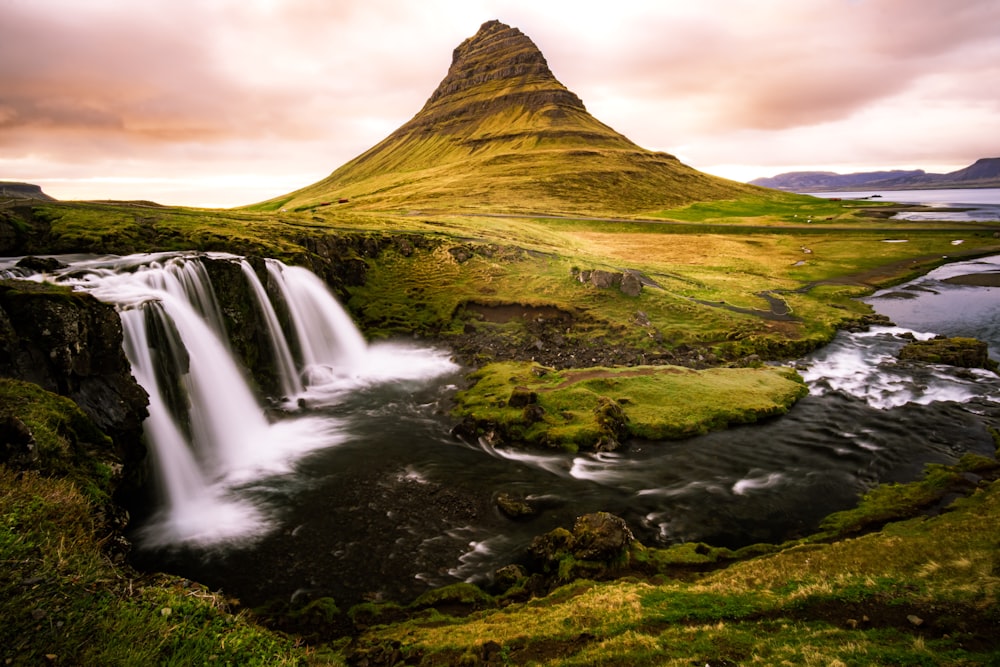 mountain near waterfalls