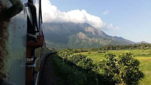 A scenic view from the window of a train crossing through a lush green countryside.