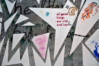 A graffiti-covered wall features geometric shapes and vibrant colors. Among the designs are the phrases 'all good things are wild and free' and 'VIVA LA VIDA'. A stylized face with orange and blue hair and abstract patterns add to the complexity of the artwork.