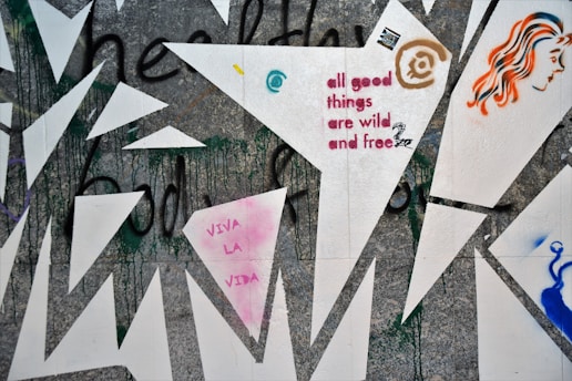 A graffiti-covered wall features geometric shapes and vibrant colors. Among the designs are the phrases 'all good things are wild and free' and 'VIVA LA VIDA'. A stylized face with orange and blue hair and abstract patterns add to the complexity of the artwork.