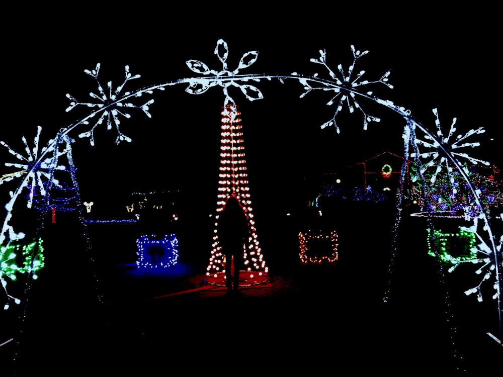 person standing in decorative lights