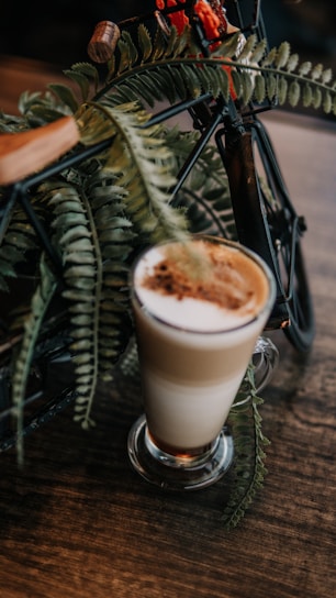 A latte in a clear glass mug sits on a wooden table surrounded by green fern leaves and parts of a decorative bicycle. The coffee has a layer of foam on top, and the scene conveys a rustic and cozy atmosphere.