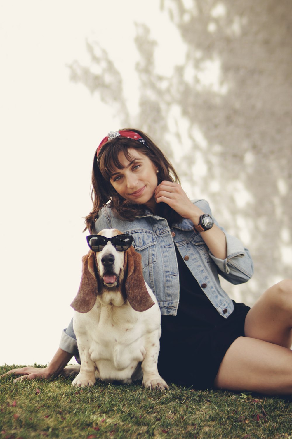 woman sitting beside the basset hound