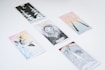 Several tarot cards are spread out on a white surface. Each card features unique illustrations, such as a lion, a crescent moon with forest trees, a pair of flying birds, a deer beneath a rainbow, and two intertwined sticks.