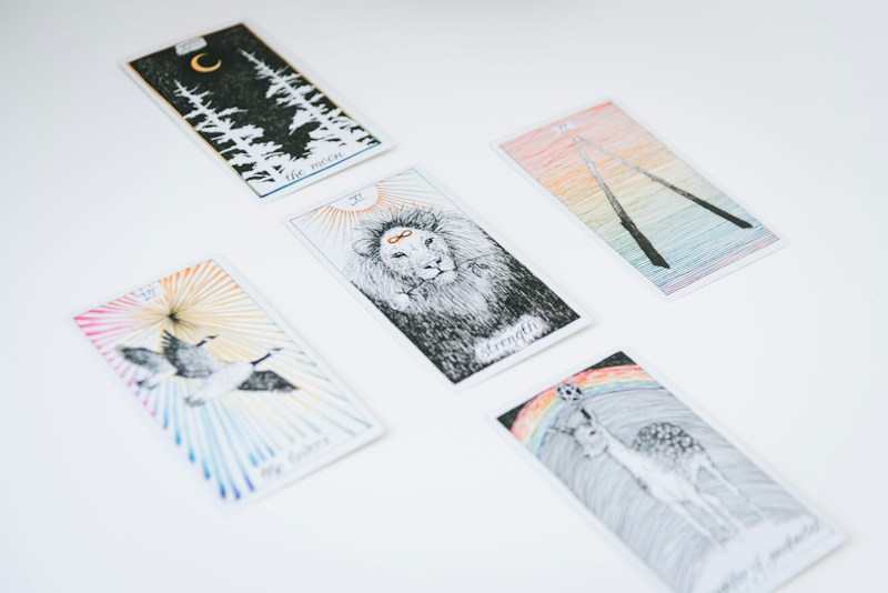 Several tarot cards are spread out on a white surface. Each card features unique illustrations, such as a lion, a crescent moon with forest trees, a pair of flying birds, a deer beneath a rainbow, and two intertwined sticks.