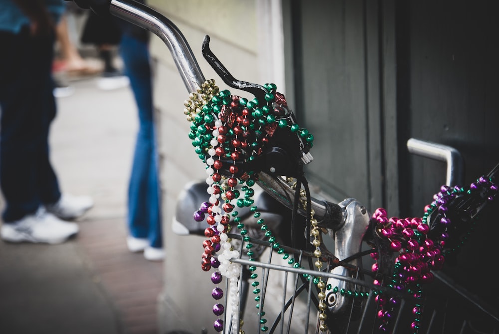 beaded necklace on bicycle