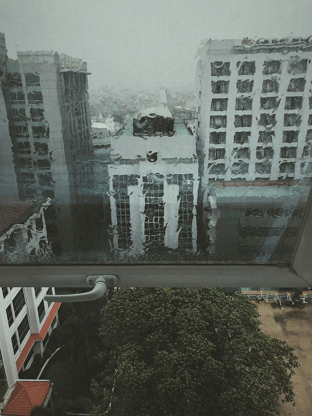 a view of a building through a window