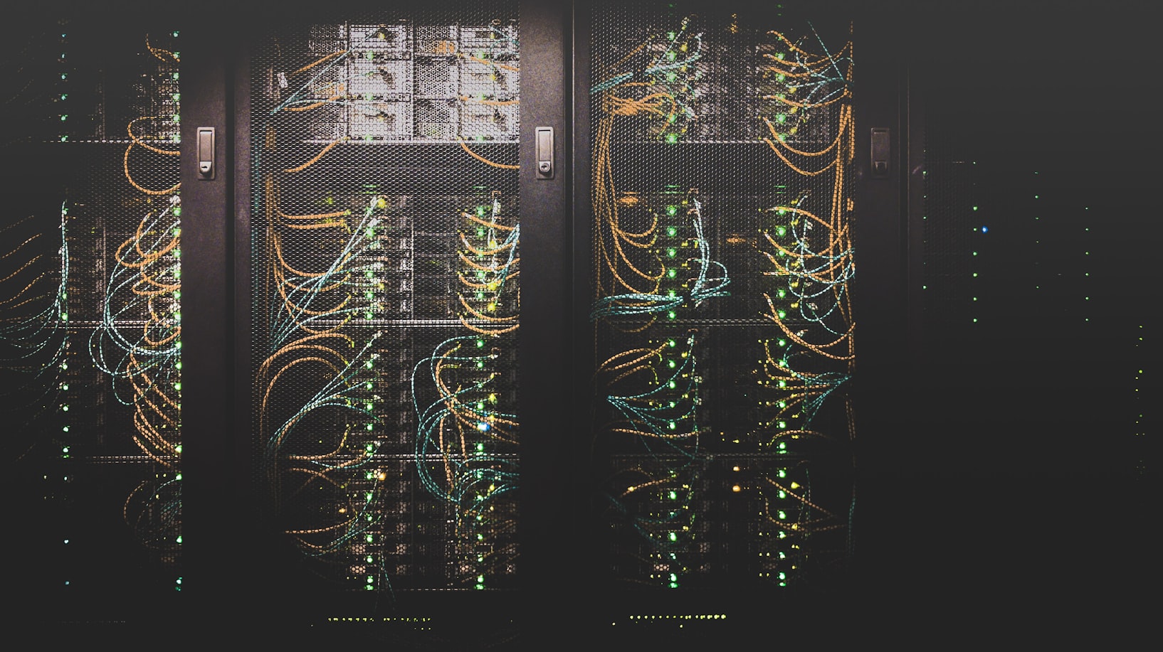 A great deal of server stacks connected via wires to represent web hosting and registry
