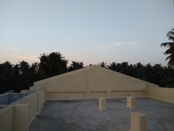 A flat, concrete rooftop with three rectangular pillars in the foreground. The roof is bordered by a low wall, and the top of a peaked structure is visible. In the background, a line of tall palm trees and dense foliage can be seen against a clear sky.