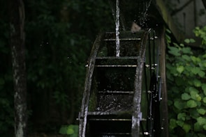 Traditional water wheels (norias) of Hama turning gently along the Orontes River surrounded by lush greenery.