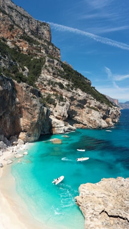 gray and green mountain beside sea during daytime