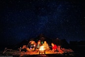 Happy travelers sharing a moment around a campfire under a starry sky.