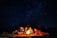 A serene group of women sitting around a campfire under a starlit sky during a glamping retreat.