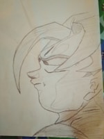 A pencil sketch of an animated character featuring angular hair, a serious facial expression, and defined muscular features. The character is drawn in profile, showing strong lines and stylized elements typical of anime art.
