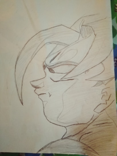 A pencil sketch of an animated character featuring angular hair, a serious facial expression, and defined muscular features. The character is drawn in profile, showing strong lines and stylized elements typical of anime art.