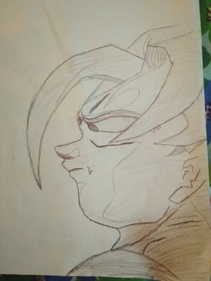 A pencil sketch of an animated character featuring angular hair, a serious facial expression, and defined muscular features. The character is drawn in profile, showing strong lines and stylized elements typical of anime art.