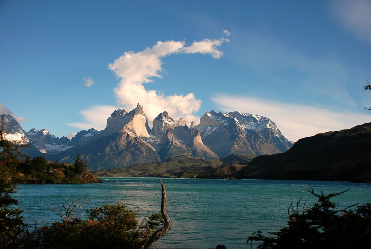 Torres del Paine mountains reflected in a lake in Chilean Patagonia