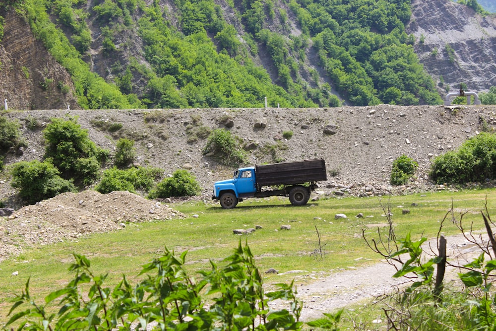 Camión azul y negro en campo de hierba