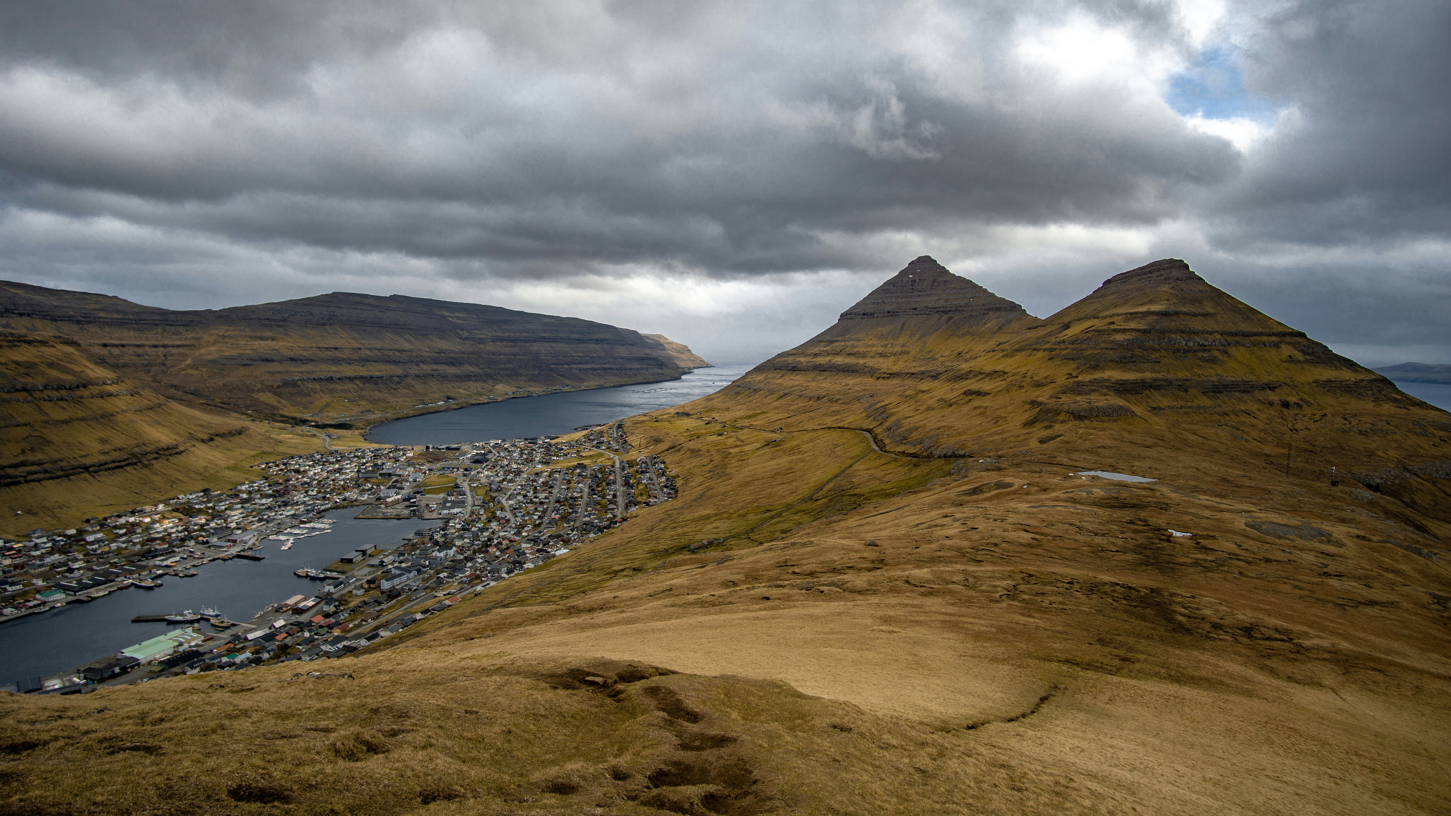 Aerial View of mountain range and Klaksvík