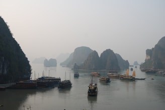 A tranquil bay with serene waters and numerous traditional boats. Limestone karsts and islets rise dramatically from the water, creating a mystical and picturesque landscape. The sky is hazy, creating a soft, calming atmosphere.