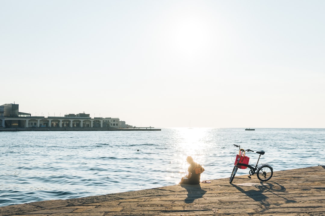 person sitting on shore beside bicycle