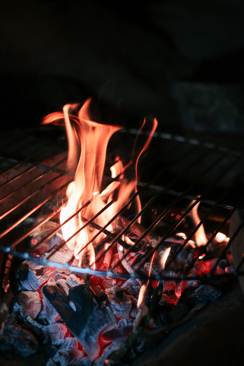 Charcoal fire glowing under a grill
