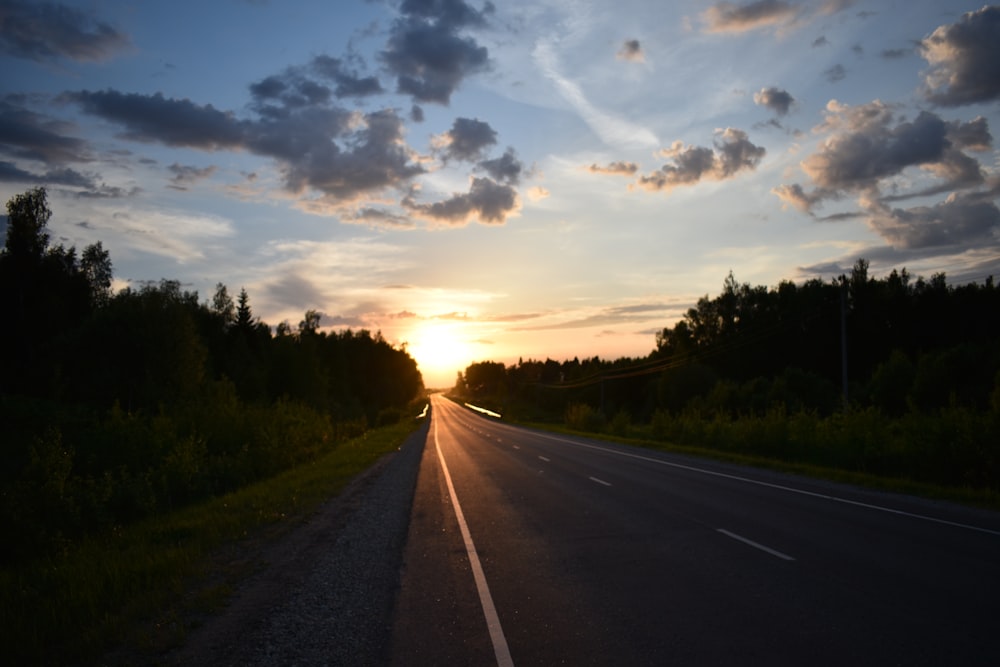 straight road surrounded by trees under sunset