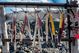 Several ice axes and climbing gear hang on a wooden rack. The axes have bright red and yellow handles with metallic tips, set against a rocky and snowy background.