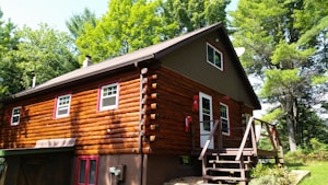 A rustic log cabin surrounded by lush green trees, featuring brown wooden logs with red-framed windows and a small wooden porch with stairs leading up to a white door.