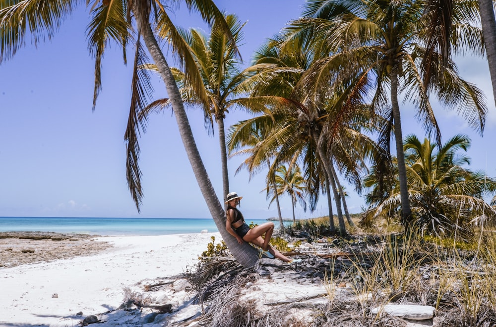 woman leaning on green coconut tree