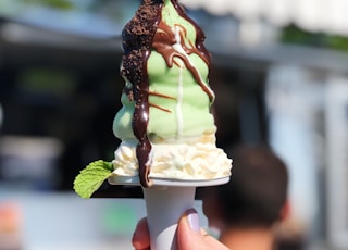 green ice cream coated with chocolate syrup