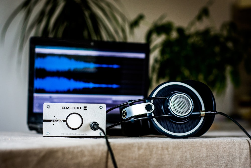 silver and black corded headphones