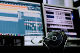 black corded headphones